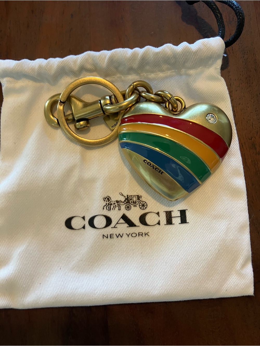 COACH Gold-Tone Heart Keychain with Rainbow Enamel Stripes